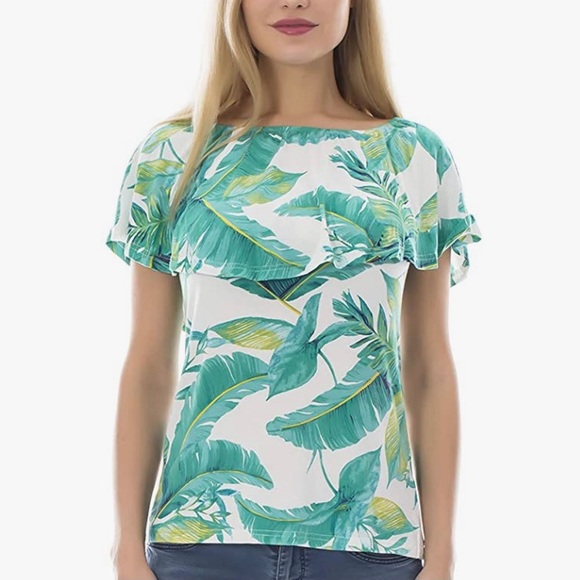 XL Maternity Nursing Top Off-The-Shoulder Banana Leaf Tropical Print BNWT - Picture 2 of 8